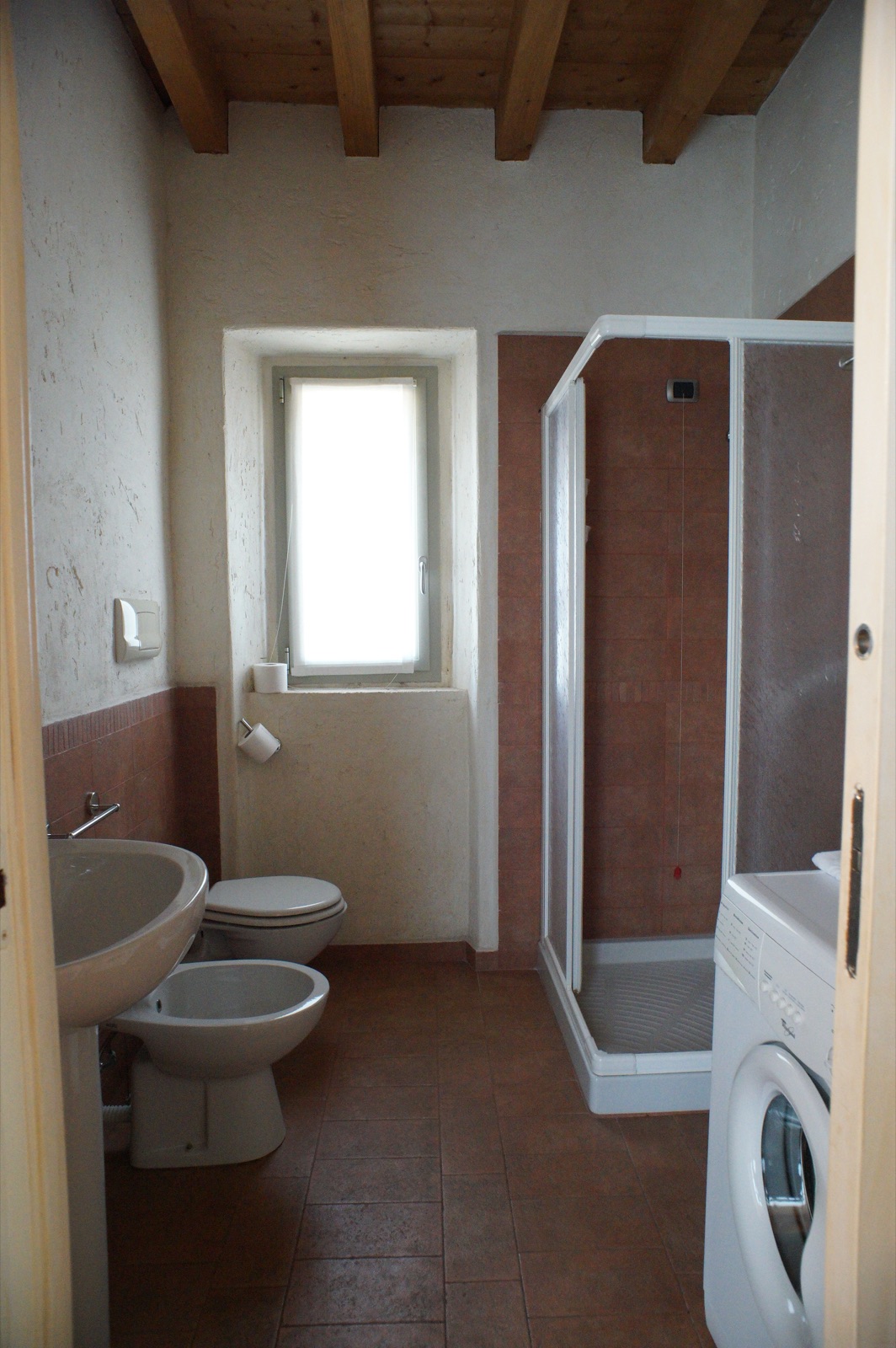 The apartment bathroom, with shower and washing machine